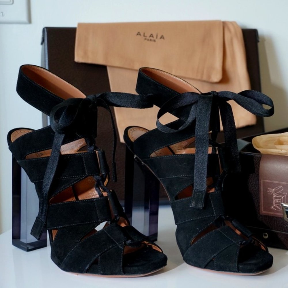 Alaia Suede & Smoke Lucite Lace Up Sandals SZ 40